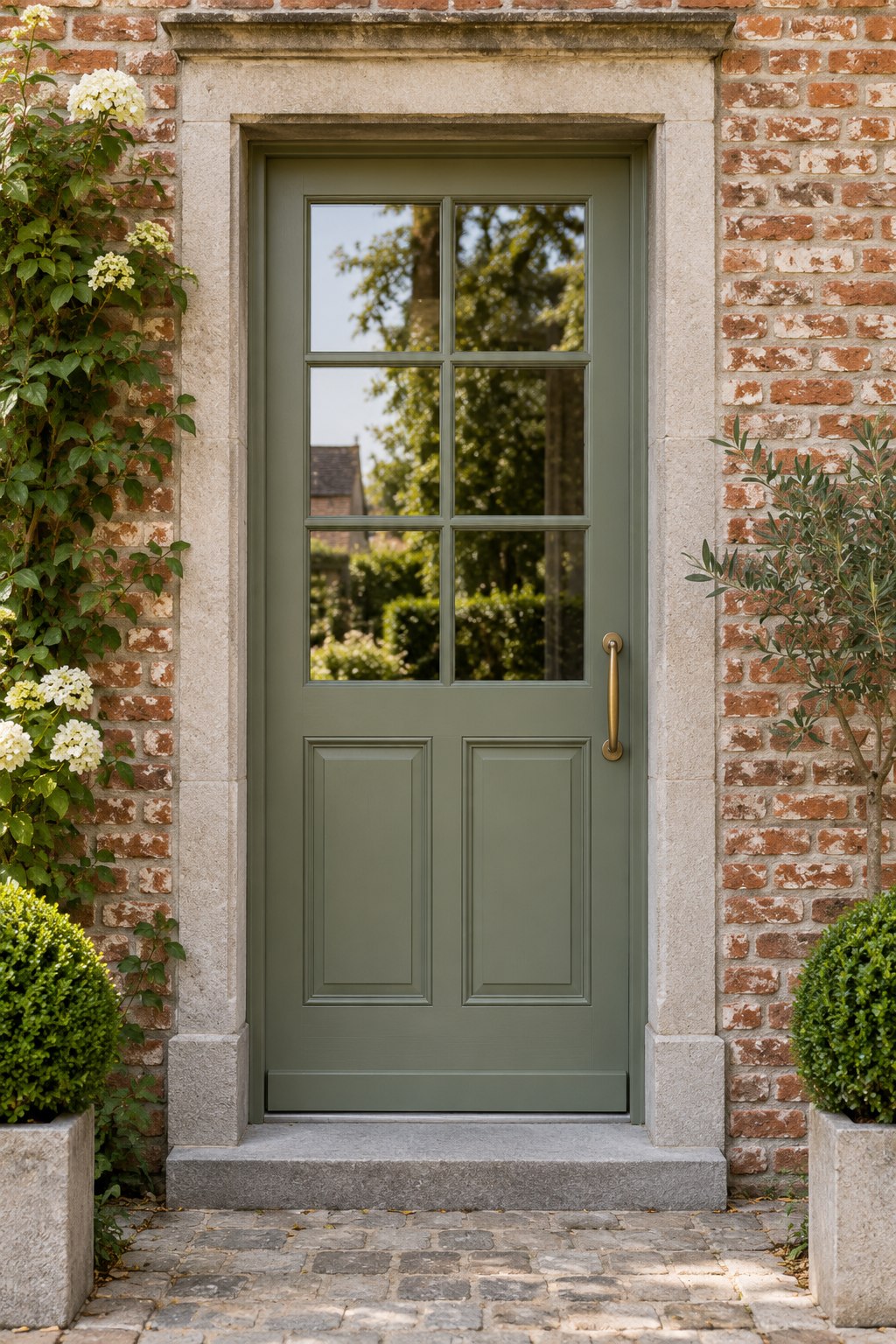 Inspiratiebeeld: Landelijk in groen. Een zachte kleur met glas en een klassieke verdeling.